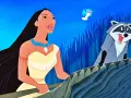 Pocahontas i jej przyjaciel Meeko w łodzi, jak w klasycznych bajkach Disneya. Kolorowy ptak lata nad nimi.