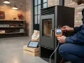 Tecnico effettua controllo su stufa a pellet, garantendo assistenza stufe a pellet multimarca. Strumentazione digitale e tablet per diagnosi precise.