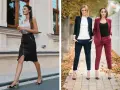 Eleganckie outfit do biura: czarna spódnica z zamkiem i biała bluzka, lub granatowy i bordowy garnitur.