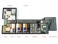 Rzut budynku zamieszkania zbiorowego: apartament, cztery pokoje, sanitariaty, kuchnia i klatka schodowa.