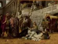 Scena z antycznego Rzymu, gdzie widzimy triumfującego wodza i ofiarę z byka. Obraz ten to przykład bogatych polskich obrazów historycznych.