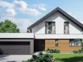 Nowoczesny dom z garażem, elewacją drewnianą i numerem 72 g2. Otoczony zielenią, z błękitnym niebem i chmurami.