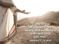 Jesus, in a flowing robe, extends an open hand in a desert landscape, offering rest as described in Matthew 11:28-30 meaning.