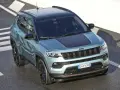 Jeep Compass color acqua con tetto nero, su strada con strisce bianche. La pressione pneumatici è ottimale per affrontare ogni percorso.