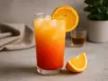 Kolorowy drink tequila sunrise z lodem i plasterkiem pomarańczy, idealny na letnie popołudnie.
