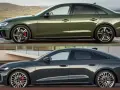 Dwa eleganckie sedany Audi: zielony na tle gór i ciemnoszary przy nowoczesnym budynku.