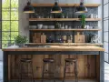 Cucina con isola in legno grezzo e sgabelli, mensole con utensili e piante. Un perfetto esempio di stile rustico moderno.