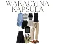 Kolekcja ubrań i akcesoriów na wakacje: sukienka, spodenki, spodnie, bluzki, torba, klapki.