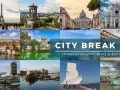 Kolaż zdjęć z europejskich miast idealnych na city break: Wieża Eiffla, Watykan, Florencja, Praga, Lizbona i inne.