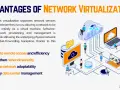 Illustration of network virtualization software benefits: remote access, security, adaptability, and simplified data center management.