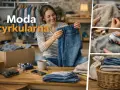Kobieta z uśmiechem przegląda ubrania, przygotowując je do upcyklingu. Widać pudełko z odzieżą, stosy jeansów i swetrów, a także golarkę do ubrań.