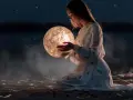 Dziewczyna w białej sukni trzyma w dłoniach świecącą kulę przypominającą księżyc. Nocne niebo, gwiazdy, mgła. Ascendent co to?