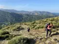 Des randonneurs progressent sur un sentier rocailleux, profitant d'une vue panoramique sur les montagnes verdoyantes lors d'une randonnée au Mont Aigoual.