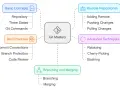Mindmap zu Git Mastery: Grundkonzepte, Remote Repositories, Branching/Merging, fortgeschrittene Techniken und git best practices wie Commit Conventions.