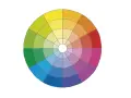 Un círculo cromatico con tonos de amarillo, verde, azul, morado, rosa y rojo, mostrando la armonía de los colores.