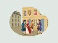 Escena de la antigua lengua francesa: hombres y mujeres con vestimenta de época pasean y conversan en una calle adoquinada.