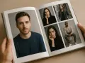Un livre ouvert présente des portraits. Sur la gauche, un homme au regard intense. À droite, quatre portraits de jeunes femmes et un homme, montrant comment bien cadrer une photo pour un portfolio.