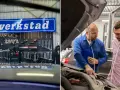 Mekaniker diskuterar med kund vad kostar service på bil. Verkstad med verktyg i bakgrunden.
