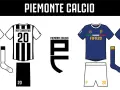 Stroje piłkarskie Piemonte Calcio: czarno-białe w paski i granatowe. Numery 20 i logo FIFA20.