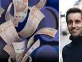 Svenska 1000-kronorssedlar virvlar upp ur en vas. En leende man i polotröja syns bredvid. En sparsam mens kan leda till oväntade pengar.