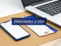 Smartfon, laptop i karty płatnicze na tle tekstu "Elektronika z USA". Zastanawiasz się, co oplaca się kupić w Stanach?