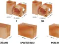 Elementy ceramiczne: pustak wentylacyjny z kanałem płaskim (P, PO) oraz pustaki budowlane (25 AKU, LPW 18,8 AKU, PCM AK) z wymiarami.