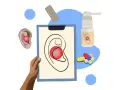 Ilustracja przedstawia ból ucha i zatkane ucho. Widać tabletki, spray do ucha i schemat ucha z zaznaczonym bólem.