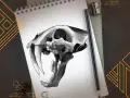 Présentation dessin d'un crâne de tigre à dents de sabre, esquissé au crayon sur un carnet. Un crayon et un taille-crayon sont à proximité.