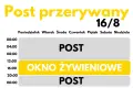 Schemat diety okienkowej 16/8: post od 00:00 do 12:00 i od 20:00 do 00:00, okno żywieniowe od 12:00 do 16:00.