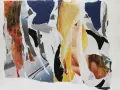 Collage de Jacques Villeglé, un assemblage de fragments d'affiches déchirées aux couleurs vives et aux textures variées, évoquant le chaos urbain.