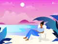 A person sits in a white Adirondack chair on a beach, enjoying the sunset. The scene is a perfect way to relax and recharge.