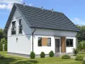 Nowoczesny dom modułowy 70m2, biały, z szarym dachem, balkonem i ogrodem.