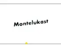 Napis "Montelukast" na białym tle. Mały żółty punkcik pod napisem.