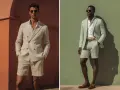 Uomo elegante in abito con bermuda color sabbia e uomo con completo a righe verdi e bermuda, entrambi con occhiali da sole.