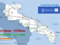 Carte des étapes de la Via Francigena et autres chemins de randonnée en Pouilles.