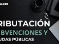 Texto en pantalla: TRIBUTACIÓN, SUBVENCIONES Y AYUDAS PÚBLICAS. Logo ALLGES. Un portátil, auriculares y taza de café.