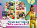 Grafika pokazuje talerz zdrowej żywności z podziałem na białko, węglowodany i zdrowe tłuszcze. Kobieta mierzy talię, sugerując cel, jakim jest redukcja. Jakie makro na redukcji?