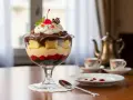 Deliziosa zuppa inglese ricetta in coppa: pan di spagna, crema, frutta candita e panna montata con ciliegina.