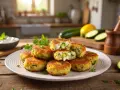 Goldbraune zucchini frikadellen mit frischen Kräutern und Feta, auf einem Teller angerichtet. Daneben ein Dip und Zucchini.