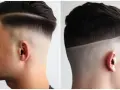 Dos estilos de corte de pelo masculino: uno con raya marcada y un corte taper fade suave, el otro con un corte taper fade más definido y lineal.