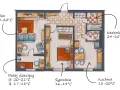 Plan mieszkania z zaznaczonymi temperaturami w pomieszczeniach. Idealna temperatura pokojowa w salonie to 20-22°C, w kuchni 18-20°C, a w łazience nawet 24-25°C.