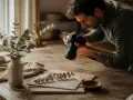 Un photographe capture une branche d'eucalyptus sur une table en bois. La liste thème photo inclut la nature morte et la photographie.