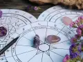 Astrologiczne koła zodiaku, kamienie, kostki i fioletowe kwiaty. 27 wrzesień znak zodiaku to Waga, symbolizująca równowagę.