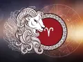Symbol 24.09 znak zodiaku Baran, stylizowana głowa barana, kryształy i koło zodiaku.