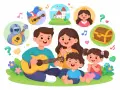 Familie spielt Gitarre, umgeben von Bildern einer Prinzessin, einer Burg, einem Roboter und einer Schatzkiste. Eine musikalische Ballade voller Fantasie.