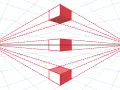 Trois cubes rouges illustrent la perspective oblique, avec des lignes de fuite convergeant vers un point central sur l'horizon.
