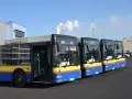 Autobus 130 rozkład jazdy. Kilka autobusów MAN w kolorach niebiesko-żółto-czerwonym stoi na parkingu.