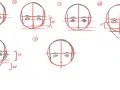 Un dibujo anime a lápiz muestra la construcción de rostros con guías rojas.