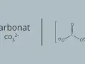 Das **Carbonat**-Ion (CO₃²⁻) mit seiner Lewis-Struktur, die ein zentrales Kohlenstoffatom zeigt, das doppelt an ein Sauerstoffatom und einfach an zwei weitere Sauerstoffatome gebunden ist, die jeweils eine negative Ladung tragen.