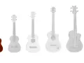 Verschiedene ukulele arten, von klein bis groß, mit einer braunen Ukulele im Vordergrund.